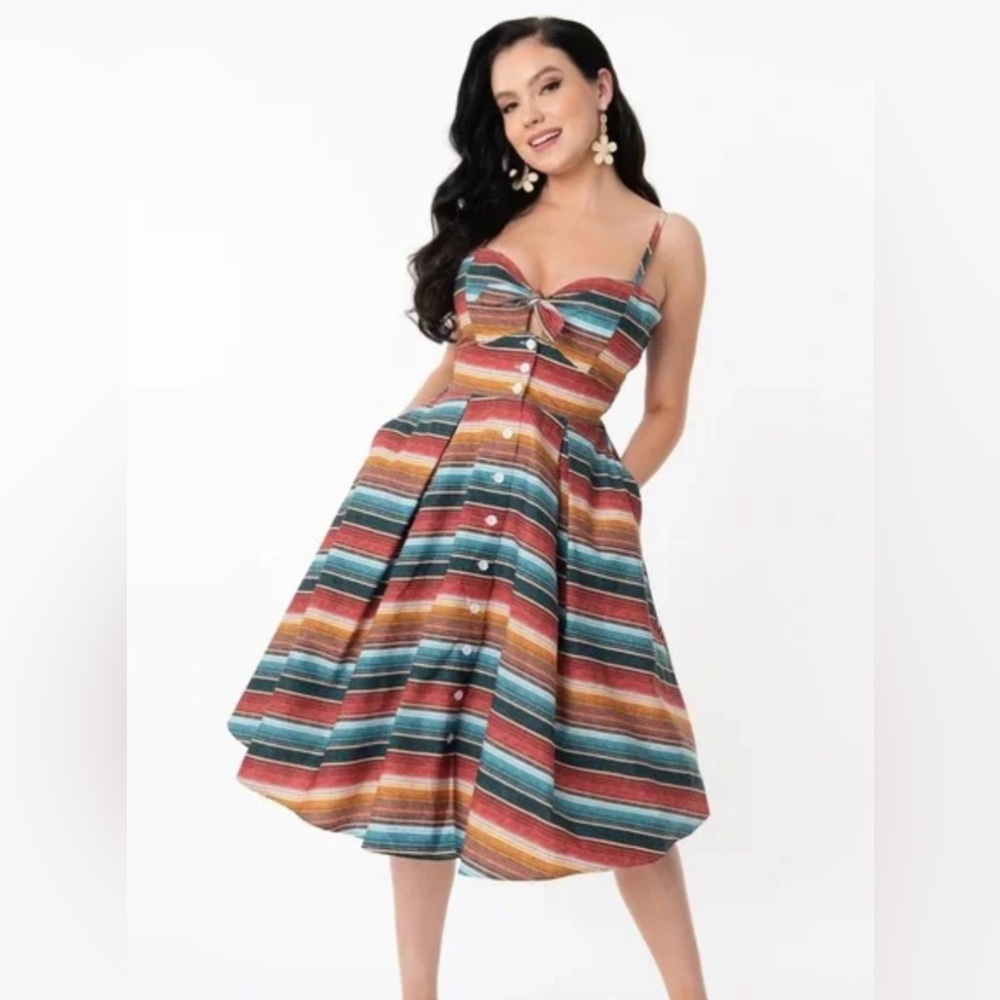 Unique Vintage Serape Stripe Rockie Swing Dress - M 6-8